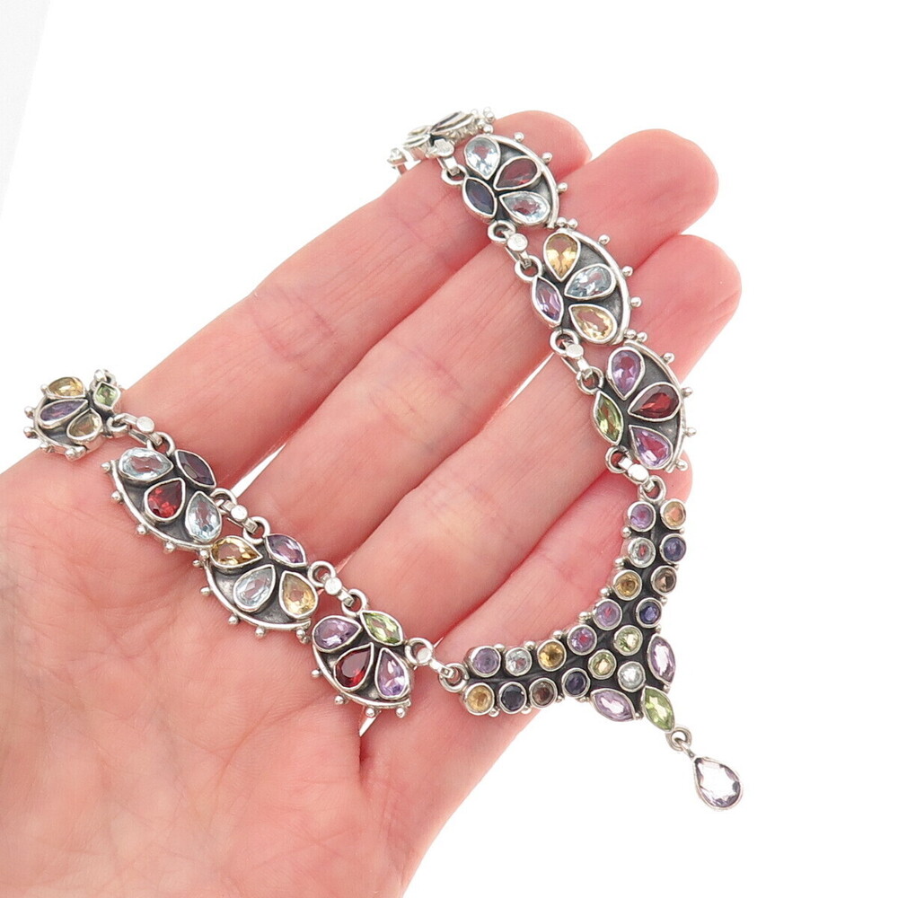 925 Sterling Silver Vintage Real Multi-Color Gem Centerpiece Necklace Part 7"